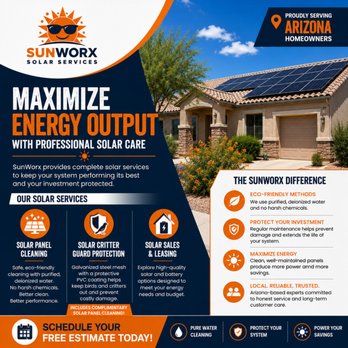 SunWorx Solar Services - SunWorx Solar Services graphic highlighting professional solar panel cleaning, solar critter guard protection, and solar sale... - Solar Panel Cleaning Near Me SunWorx Solar Services - SunWorx Solar Services graphic highlighting professional solar panel cleaning, solar critter guard protection, and solar sale... - Solar Panel Cleaning Near Me