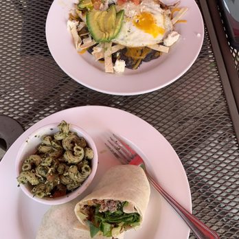 Famous Toastery - Huevos Rancheros Breakfast & harvest wrap with a side of pesto pasta - Breakfast & Brunch Near Me - Cary, North Carolina