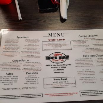 Cafe Rian Cajun Cafe - Menu - Cajun/Creole Near Me - Houston, Texas