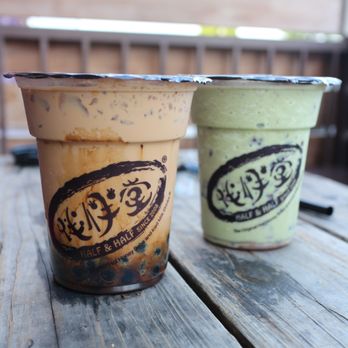 Half & Half Tea Express - Front: almond coffee milk tea with honey boba; Back: matcha smoothie with red beans - Juice Bars & Smoothies Near Me - Monterey Park, California Half & Half Tea Express - Front: almond coffee milk tea with honey boba; Back: matcha smoothie with red beans - Juice Bars & Smoothies Near Me - Monterey Park, California