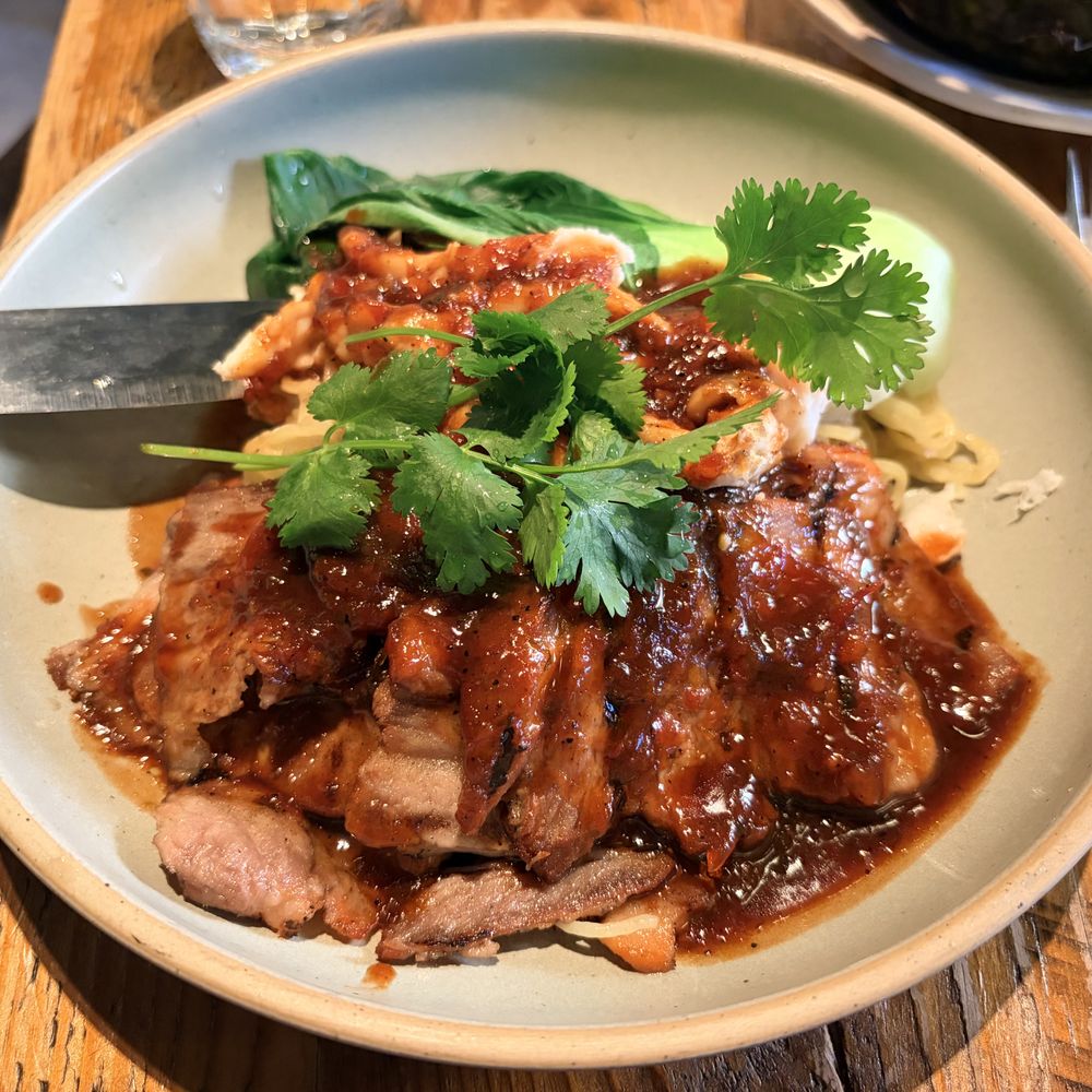 char siu and crab over dry egg noodles