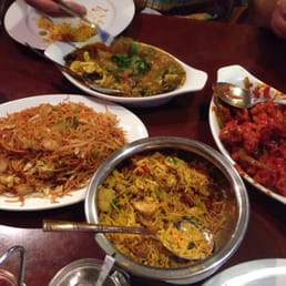 Manchurian veggies, chili dry chicken, shrimp Hakka noodles, mixed biryani. All great! Manchurian veggies, chili dry chicken, shrimp Hakka noodles, mixed biryani. All great!