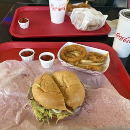 4" single Burger with American & "Jimmies" (onion rings/fries).   10$
