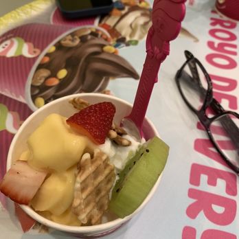 Menchie's Pittsfield place  - My small cup: cake batter and tart with waffle cone and fruit. - Desserts Near Me - Ann Arbor, Michigan