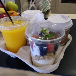 Monsoon Cafe - Greek yogurt fruit parfait. So good! Love the fresh mint added! Large OJ. Hot breakfast tea. Hot tall latte.