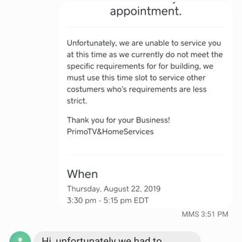 Primo TV & Home Services - Cancelled without warning. I texted them a photo of it while thinking our electrician was late. - Electricians Near Me Primo TV & Home Services - Cancelled without warning. I texted them a photo of it while thinking our electrician was late. - Electricians Near Me