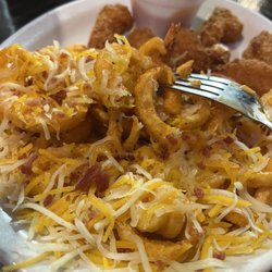 Rockin'c Bar & Grill - Loaded curly fries (shrimp in background)