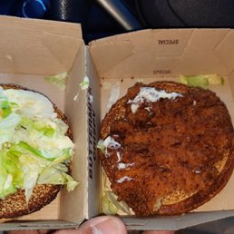Supposed to be a deluxe crispy chicken Missing ingredients tomato etc. Also burned and old obviously held in the warmer for too long. Nasty Supposed to be a deluxe crispy chicken Missing ingredients tomato etc. Also burned and old obviously held in the warmer for too long. Nasty