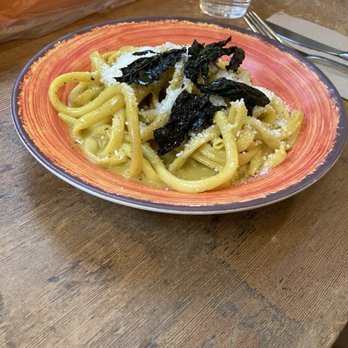 Pasta Casalinga - Bucatini with Saffron Cacio e Pepe Sauce (Pecorino, Kale chips) $21 - Italian Near Me - Seattle, Washington Pasta Casalinga - Bucatini with Saffron Cacio e Pepe Sauce (Pecorino, Kale chips) $21 - Italian Near Me - Seattle, Washington