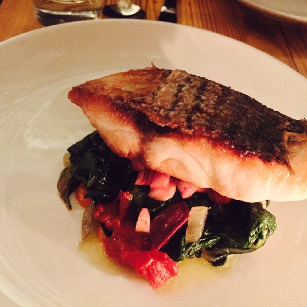 Meadowsweet - Wild Striped Bass with Romesco, Swiss Chard, Roasted Tomato & Olives - New American Near Me - Brooklyn, New York Meadowsweet - Wild Striped Bass with Romesco, Swiss Chard, Roasted Tomato & Olives - New American Near Me - Brooklyn, New York