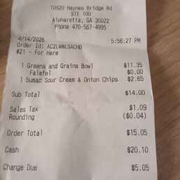 Receipt from CAVA  4-14-2026.