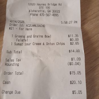 CAVA - Receipt from CAVA 4-14-2026. - Salad Near Me - Alpharetta, Georgia CAVA - Receipt from CAVA 4-14-2026. - Salad Near Me - Alpharetta, Georgia