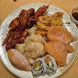 Asian Buffet - Salmon sushi, salmon nigiri, crawfish boil, spiced shrimp, coconut shrimp