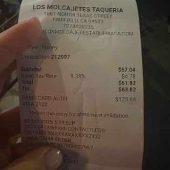 Los Molcajetes Taqueria - this was my receipt! and that's how much she tipped herself $63 & the manager said it was an honest mistake! - Mexican Near Me - Fairfield, California Los Molcajetes Taqueria - this was my receipt! and that's how much she tipped herself $63 & the manager said it was an honest mistake! - Mexican Near Me - Fairfield, California