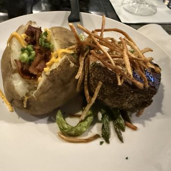 Gentelin's On Broadway - Peppercorn Steak, Asparagus and Loaded Baked Potato - New American Near Me - Alton, Illinois