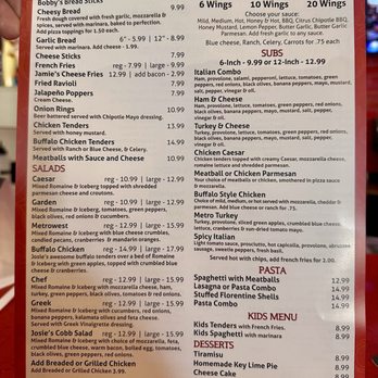 Josie's Pizza & Wings - One side of the menu - Chicken Wings Near Me - Windermere, Florida