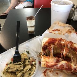 Fat Andy’s - Half a hot italian sausage sub with pesto pasta salad, tea and a sample of tirimisu