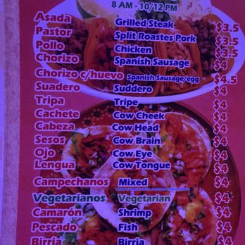 Tacos El Papi y Blanca's Bakery - The taco menu. Be sure to try the tasty cow tongue tacos! - Bakeries Near Me - Pompano Beach, Florida