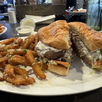 The Standard Station - Blue cheese bacon burger with garlic Parmesan fries - Sports Bars Near Me - El Segundo, California The Standard Station - Blue cheese bacon burger with garlic Parmesan fries - Sports Bars Near Me - El Segundo, California