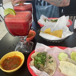 Carnitas tacos, carrot-beet-celery juice