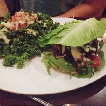SunCafe - Portobello burger with lettuce wrap and kale salad - Vegan Near Me - Studio City, California SunCafe - Portobello burger with lettuce wrap and kale salad - Vegan Near Me - Studio City, California