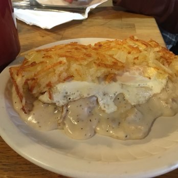 Olde Main Eatery - Hatstack. Biscuits and gravy with hash-browns on top - Breakfast & Brunch Near Me - Elk River, Minnesota