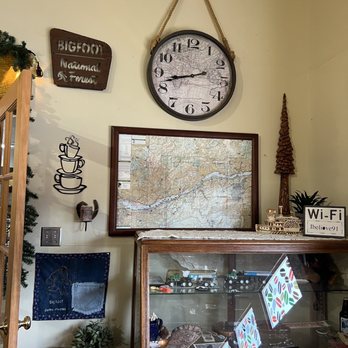 Bigfoot Coffee Roasters - a map, clock, and other items - Coffee & Tea Near Me - Stevenson, Washington