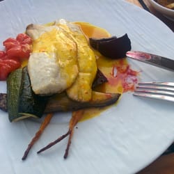 Di Sopra - Sea bass with grilled vegetables and saffron sauce.