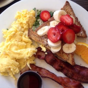 Blue Daisy - The breakfast combo: Scrambled eggs, bacon and french toast with banana and strawberry/ - Creperies Near Me - Santa Monica, California Blue Daisy - The breakfast combo: Scrambled eggs, bacon and french toast with banana and strawberry/ - Creperies Near Me - Santa Monica, California