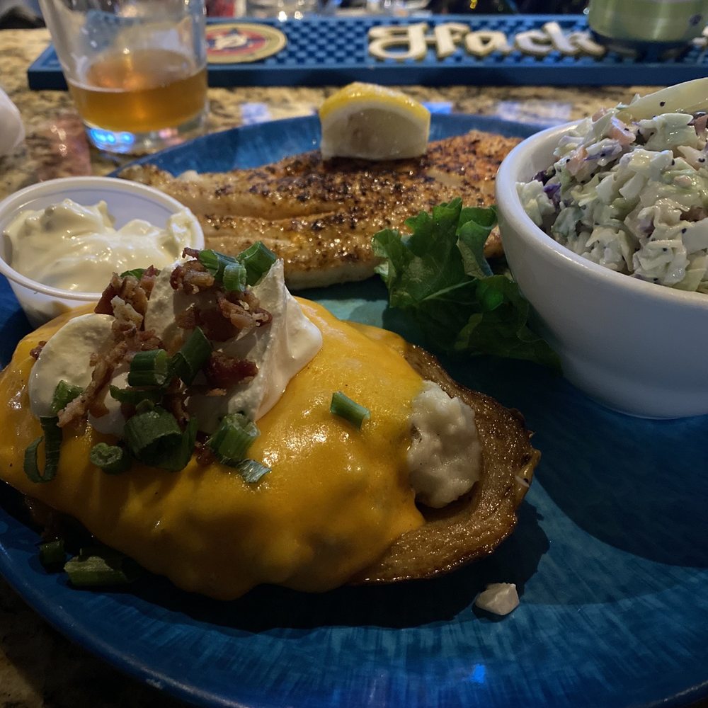 Turtle Shack - Super Grouper blackened with twice baked potatoes and Cole slaw - Seafood Near Me - Palm Coast, Florida Turtle Shack - Super Grouper blackened with twice baked potatoes and Cole slaw - Seafood Near Me - Palm Coast, Florida
