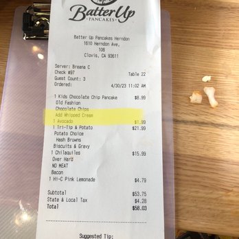 Batter Up Pancakes - Be careful !!!!! They charging EXTRA for avocado even though it's listed on the dish on the menu!!! So shady 4/30/23 - Pancakes Near Me - Clovis, California