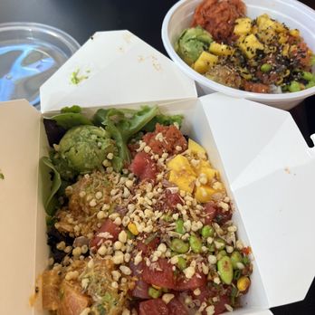 Local Poke - Large bowl (bottom) with half main salmon marinated and tuna  Small bowl (top) with half main salmon and tuna - Poke Near Me - Pleasanton, California