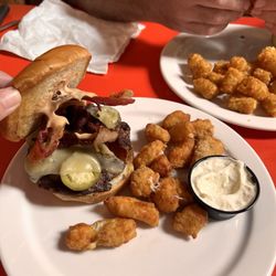 Boonies Bar & Grill - Spicy Cowboy Burger and Cheese Curds. Very good!