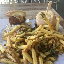 Crab cake & sirloin sliders with  chimchuri fries