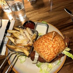 The Bar Next Door - fried chicken caesar cutlet sandwich with truffle fries