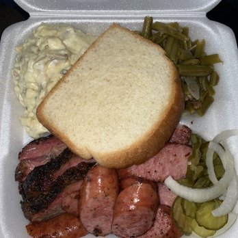 Seven Seeds Texas Barbecue - Two Meat Plate with two sides - Brisket, Sausage, Green Beans, Potato Salad - Barbeque Near Me - Rosharon, Texas Seven Seeds Texas Barbecue - Two Meat Plate with two sides - Brisket, Sausage, Green Beans, Potato Salad - Barbeque Near Me - Rosharon, Texas