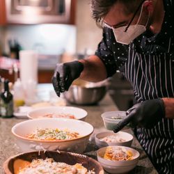 Mise En Place - Safety first for Chef Justin at this tiny wedding.