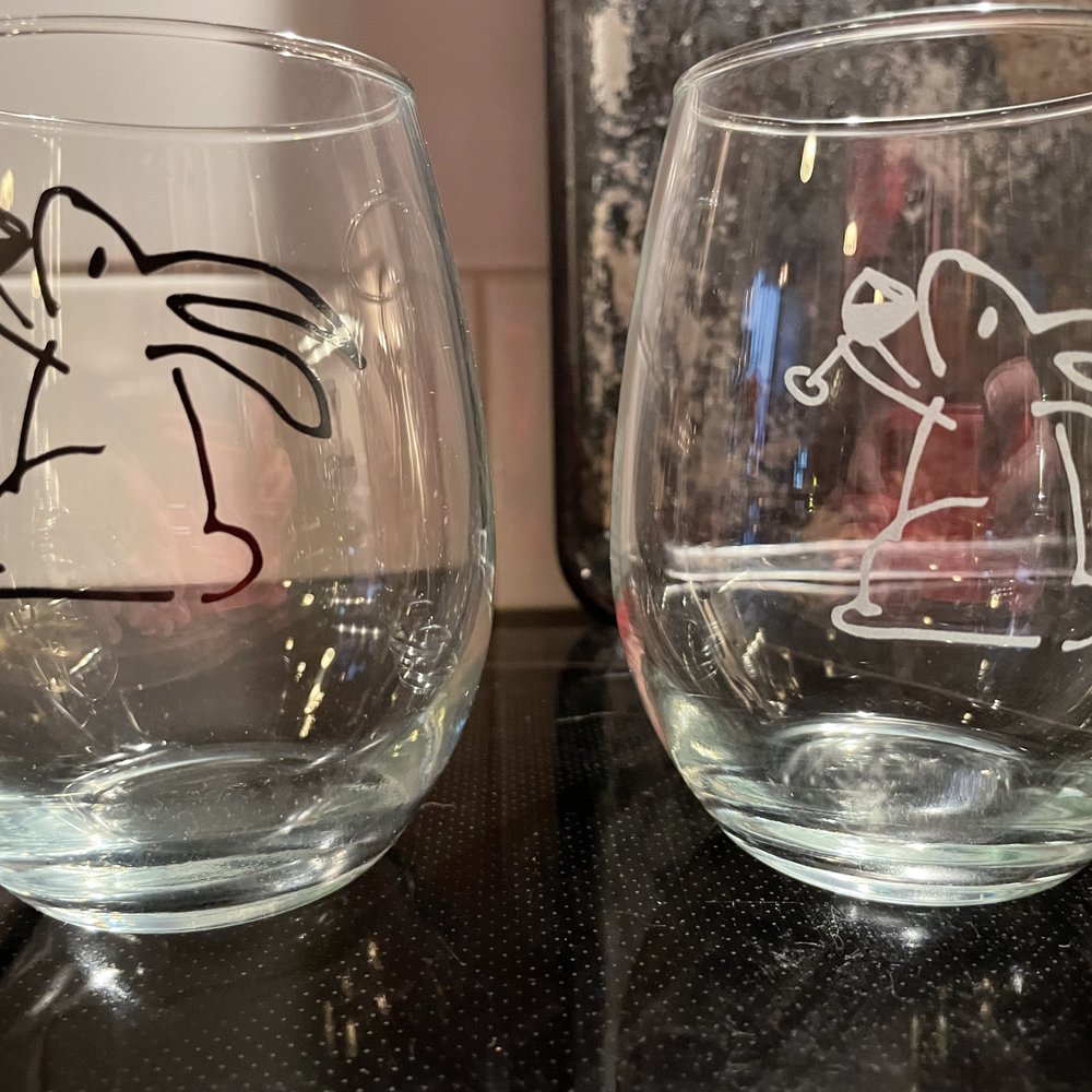 Screen printed and etched Wine Bunnies wine glasses from Glass With A Twist