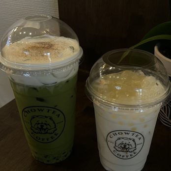 Chow Tea - Left: Green milk tea with sea salt and crystal boba  Right: Aloe vera yogurt - Coffee & Tea Near Me - Houston, Texas