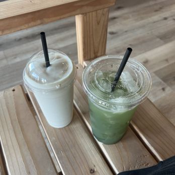 Épale Nutrition - On the left: mango/pineapple protein shake  On the right: green goddess juice - Coffee & Tea Near Me - Glendale, Arizona