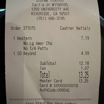 Carl's Jr - Nattaly didn't disclose the cost when I ordered. - Fast Food Near Me - Riverside, California Carl's Jr - Nattaly didn't disclose the cost when I ordered. - Fast Food Near Me - Riverside, California