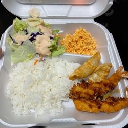Ninja Poke & Sushi Rolls - Seafood Bowl.  Rice, salad, crab mix, dumplings, fried shrimp.  Very good!