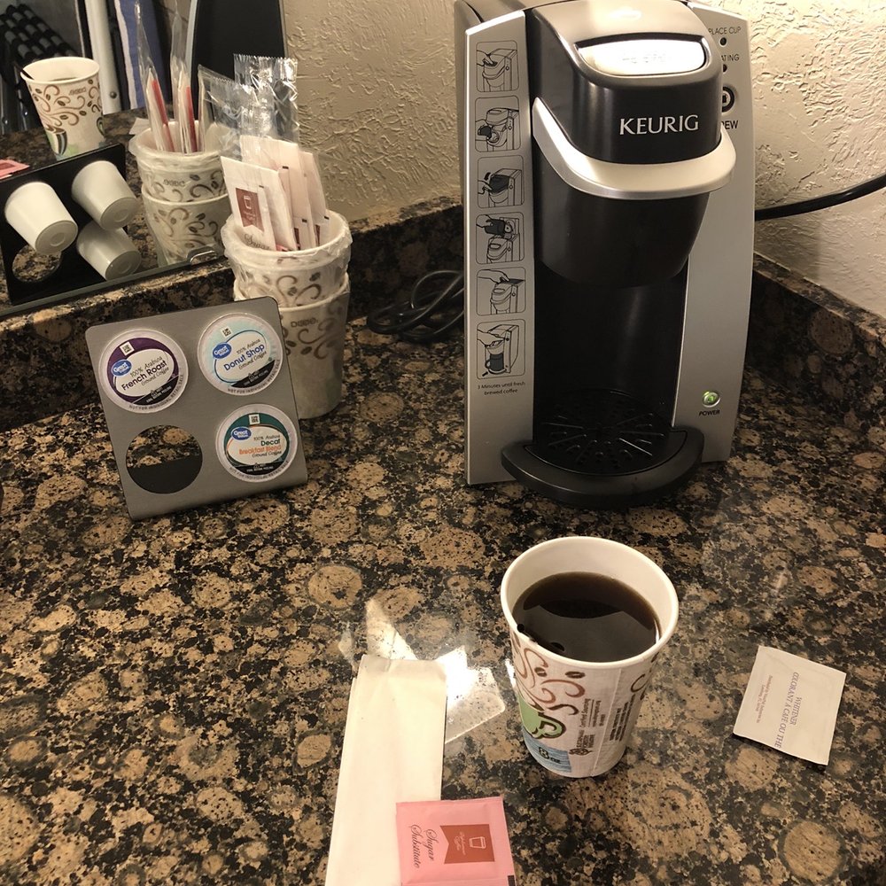 Keurig in hotel room. Great selection. If you need extra sugar or cream they have some when you get breakfast. Keurig in hotel room. Great selection. If you need extra sugar or cream they have some when you get breakfast.