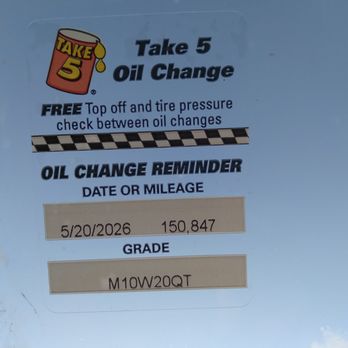 Take 5 Oil Change - "That's not your oil change reminder" is what TWO employees (including the manager) said to me. Let that simmer.... - Oil Change Stations Near Me - San Antonio, Texas Take 5 Oil Change - "That's not your oil change reminder" is what TWO employees (including the manager) said to me. Let that simmer.... - Oil Change Stations Near Me - San Antonio, Texas