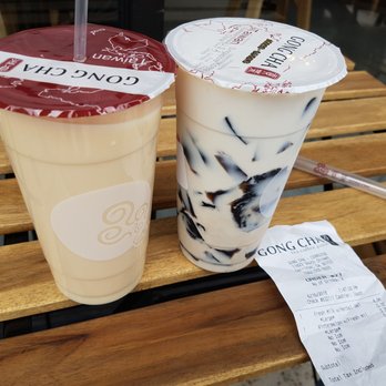 Gong Cha - L-R: Large Wintermelon W/ Fresh Milk, $4.25 prior to tax. Large Fresh Milk W/ Herbal Jelly, $4.50 prior to tax ($8.75 Total After Tax) - Coffee & Tea Near Me - Cerritos, California