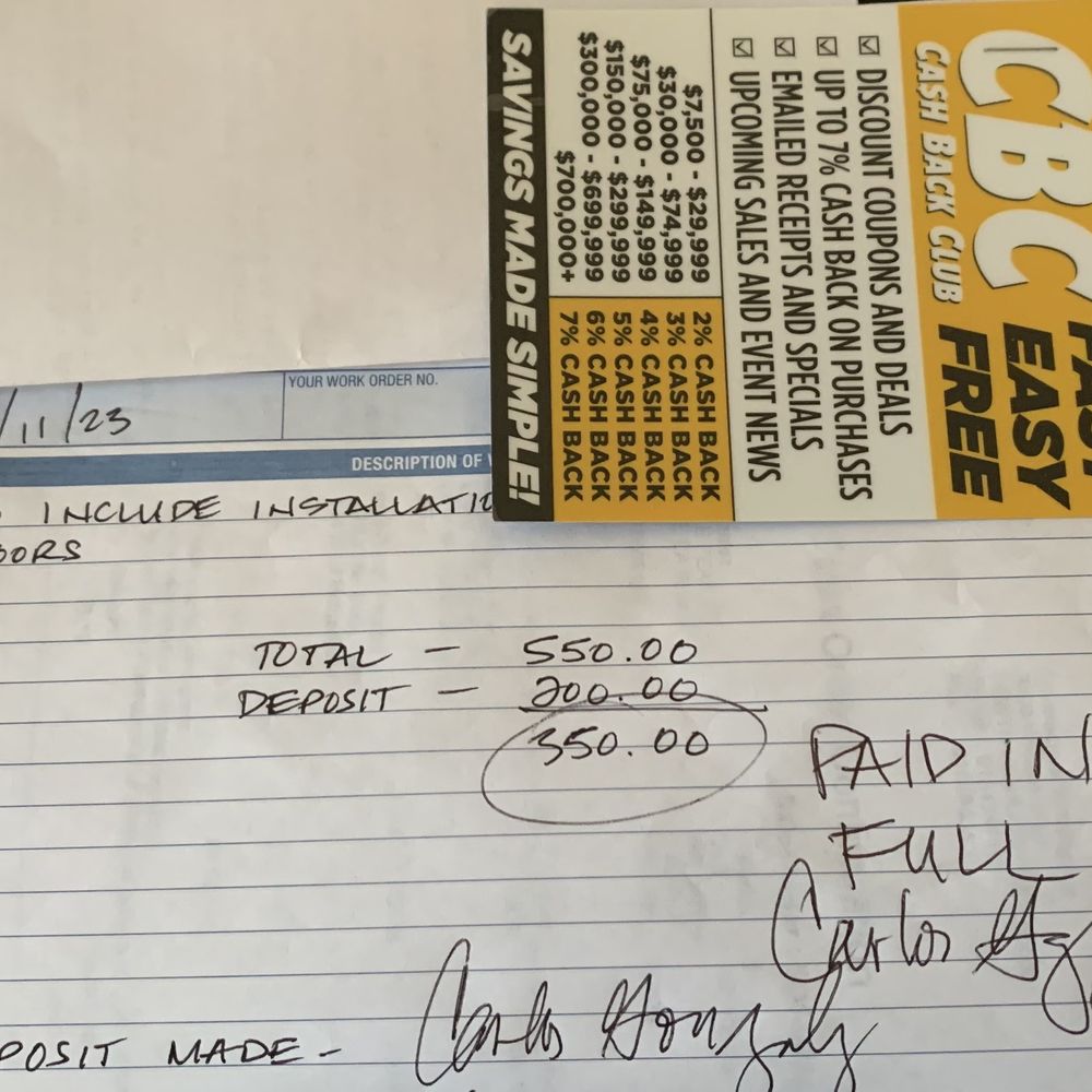 River City Carpentry - 11/24/2023:  Carlos' bill which I happily paid via a Cashier's Check, i.e., "I'm OLD SCHOOL!" - Cabinetry Near Me
