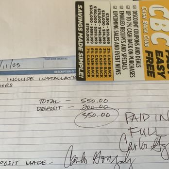 River City Carpentry - 11/24/2023:  Carlos' bill which I happily paid via a Cashier's Check, i.e., "I'm OLD SCHOOL!" - Cabinetry Near Me
