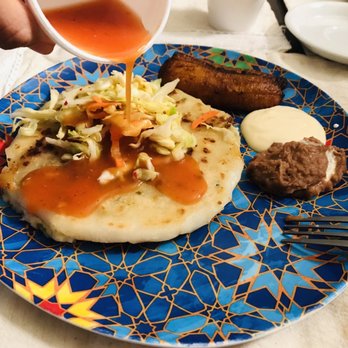 El Salvadoreno - Masa de arroz queso y loroco with plátano, frijol y crema - Salvadoran Near Me - El Monte, California El Salvadoreno - Masa de arroz queso y loroco with plátano, frijol y crema - Salvadoran Near Me - El Monte, California