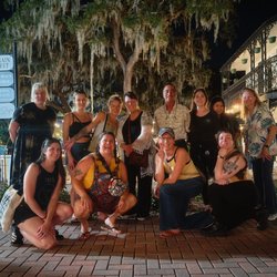 Silent Slayer Ghost Tour guests at the Gigglewaters Social Club and Screening Room in downtown Safety Harbor, Florida.