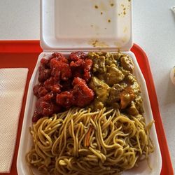 Tasty Goody - 1 meat item plate: House Special Chow Mein, Orange Chicken and Curry Chicken.
